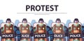 Policemen with shields and batons riot police officers standing together protesters demonstrations control Royalty Free Stock Photo