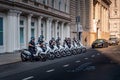 The policemen sitting on motorbikes during the protest in the street  of New York near the building City Hall. Royalty Free Stock Photo