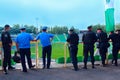Policemen standing guard over order in the stadium during football match