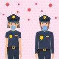 Policewoman and policeman with masks against 2019 ncov virus vector design