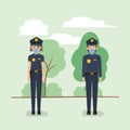 Policewoman and policeman with masks against 2019 ncov virus vector design