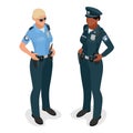 Policewoman in uniform. Realistick flat 3d isometriv vector illustration. Officer woman on white.