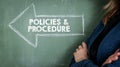 Policies and Procedure concept. Business woman, background of green chalk board Royalty Free Stock Photo