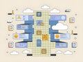 Policy and governance background featuring document flow icons, structured grids, and cloud layers symbolizing hybrid work Royalty Free Stock Photo
