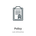 Policy outline vector icon. Thin line black policy icon, flat vector simple element illustration from editable law and justice Royalty Free Stock Photo