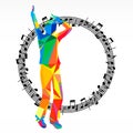 Poligon silhouette dancing human and melody circle, music battle party background