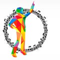 Poligon silhouette dancing human and melody circle, vector music battle party background