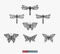 Dragonfly and butterfly silhouettes set. Polygonal icons. Template for your design works. Royalty Free Stock Photo