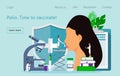 Polio vaccination vector. Time to vaccinate. Medical illustration syringe with vaccine, bottle for website, apps. Tiny doctor