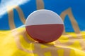 A polish button on the Ukrainian flag