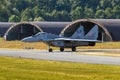 Polish Air Force MiG-29 Fulcrum fighter jet aircraft taxiing towards the runway of Florennes airbase. Belgium - June 15, 2017 Royalty Free Stock Photo