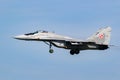 Polish Air Force MiG-29 Fulcrum fighter jet on final approach at Leeuwarden Air Base. Leeuwarden, The Netherlands - April 19, 2018 Royalty Free Stock Photo