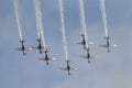 Polish Air Force PZL-Okecie PZL-130 TC-1 Orlik turboprop, single engine, two seat trainer aircraft flying in formation.