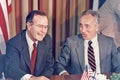 Vice President George HW Bush & Prime Minister Shimon Peres Sign Diplomatic Treaty in Israel Royalty Free Stock Photo