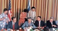 Vice President George HW Bush & Prime Minister Shimon Peres Sign Diplomatic Treaty in Israel Royalty Free Stock Photo