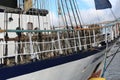 Polish brig Fryderyk Chopin. Guard railing and starboard rigging elements in the bow close-up Royalty Free Stock Photo