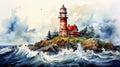 Polish Cape Watercolor Lighthouse Painting On Floating Island