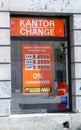 Currency exchange in the Polish exchange office. Signboard on the street, banner. The exchange rate of foreign Royalty Free Stock Photo