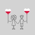 polish children, love Poland sketch, girl and boy with a heart shaped balloons, black line vector illustration