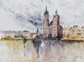 Polish city Krakow at rain.Watercolors.