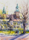 Polish city Krakow at rain.Watercolors.