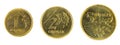 Polish coins of 1 grosz 2 and 5 groszes on a white background
