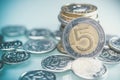 Polish Currency Coins on desk. Five Zloty Coin Royalty Free Stock Photo