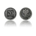 Polish currency 20gr coin isolated on white background with reflection Royalty Free Stock Photo