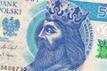 Polish currency money bill 50 zloty. Macro crop portrait of King of Poland Kazimierz III the Great