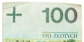 Polish currency, PLN, 100 zÃâ, one hundred zloty banknote macro extreme closeup detail top part, bill top view, seen from above