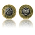 Polish currency 2zl coin isolated on white background with reflection Royalty Free Stock Photo