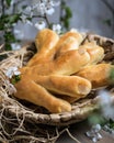 Polish Easter cakes. Paws of a stork in a wicker basket. Polish dish is prepared for Easter Royalty Free Stock Photo