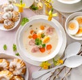 Polish Easter soup, white borscht with the addition of white sausage and a hard boiled egg. Traditional Easter dish in Poland Royalty Free Stock Photo