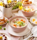 Polish Easter soup, white borscht with the addition of white sausage and a hard boiled egg. Traditional Easter dish in Poland Royalty Free Stock Photo