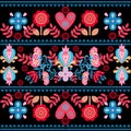 Polish ethnic seamless embroidery pattern with flowers and hearts inspired