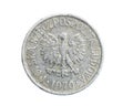 Polish five groszy coin on a white isolated background
