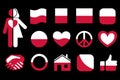 Polish flag icons vector set. Flag of Poland on black background. Flag and peace icon, square, circle and heart shape icons or Royalty Free Stock Photo