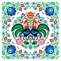 Polish floral folk art square pattern with rooster - wzory lowickie, wycinanki