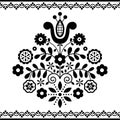 Polish floral folk art vector pattern inspired by traditional highlanders embroidery Lachy Sadeckie - black and white greeting ca