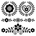 Polish folk art vector design elements set with flowers  - perfect for greeting card or wedding invitation in black and white Royalty Free Stock Photo