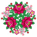 Polish folk art vector floral round decoration, Zalipie decorative pattern with roses and leaves - greeting card, wedding invitati Royalty Free Stock Photo