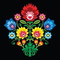 Polish folk embroidery with flowers - traditional pattern on black background Royalty Free Stock Photo