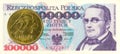 2 polish groszy coin against 100000 polish zloty bank note Royalty Free Stock Photo