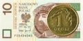 1 polish groszy coin against 10 polish zloty bank note Royalty Free Stock Photo