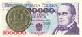 10 polish groszy coin against 100000 polish zloty bank note Royalty Free Stock Photo