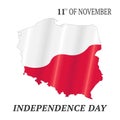 Polish holiday 11th of November. Design for Poland independence day with waving flag and map. All isolated on white background. Ve Royalty Free Stock Photo