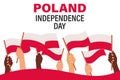 Polish Independence Day. Multiracial hands with Polish flags. Poland Independence Day banner. Illustration, poster