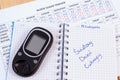 Polish inscription world diabetes day in notebook, results of measurement of sugar