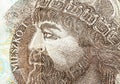 Polish king Mieszko I on a 10 zl ten zloty banknote bill macro detail, extreme closeup shot, portrait, face up close. Poland,