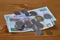 Polish money laying on a table. PLN banknotes and coins